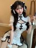 Sexy Spicy Hollow Out Dark Pattern Improved Short Dress High Waist Bubble Sleeve Floral Embroidery Slim Fit Split S..._ecoleips.com
