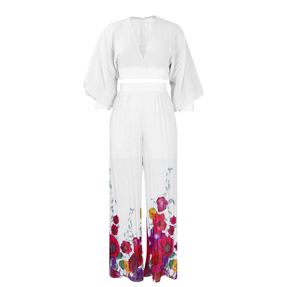 Women's Clothing Spring New Fashion Temperament Chiffon V Neck Pleated Top Printed Wide Leg Pants_ecoleips.com
