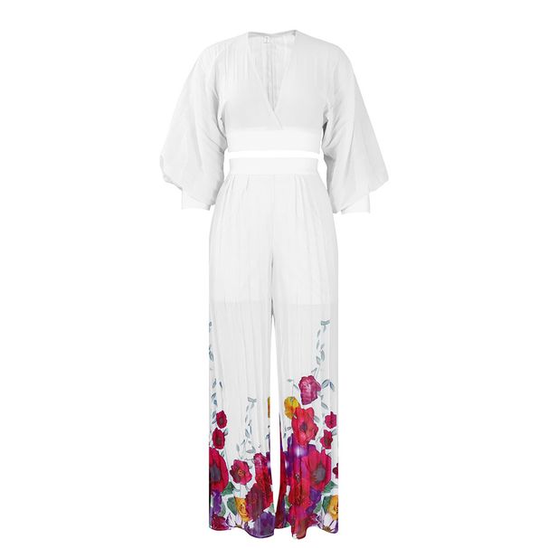 Women's Clothing Spring New Fashion Temperament Chiffon V Neck Pleated Top Printed Wide Leg Pants_ecoleips.com