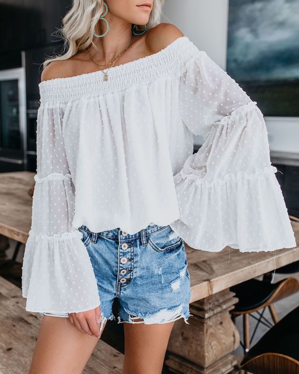 Women's Off-Shoulder Flutter Sleeve Blouse – Polka Dot Peplum Top, Lightweight Chiffon, Loose Fit, Sweet & Elegant For Work & Casual_ecoleips.com
