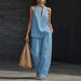 Plus Size Women's Halter Neck V-Neck Two-Piece Set Cotton Linen Blend Office Casual Outfit_ecoleips.com