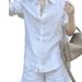 White High-end Linen Suit For Women, Summer Elegant Simple Casual Sun-protective Shirt And Shorts Two-piece Set_ecoleips.com