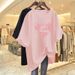 Pink Heart Shaped T-Shirt for Women Summer Short Sleeve mid Length Loose Fit Trendy Top_ecoleips.com