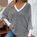 Women's Clothing Oversized V-Neck Batwing Sleeve Striped Knit Sweater - Soft Acrylic Blend, Casual Loose Fit Pullover, Trendy Office & Streetwear_ecoleips.com