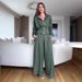Elegant Notch Lapel Long Sleeve Blouse & High-Waist Trousers Set For Women, Office To Casual Chic, Stretch Comfort Fit, Ocean Green & Coffee Brown_ecoleips.com