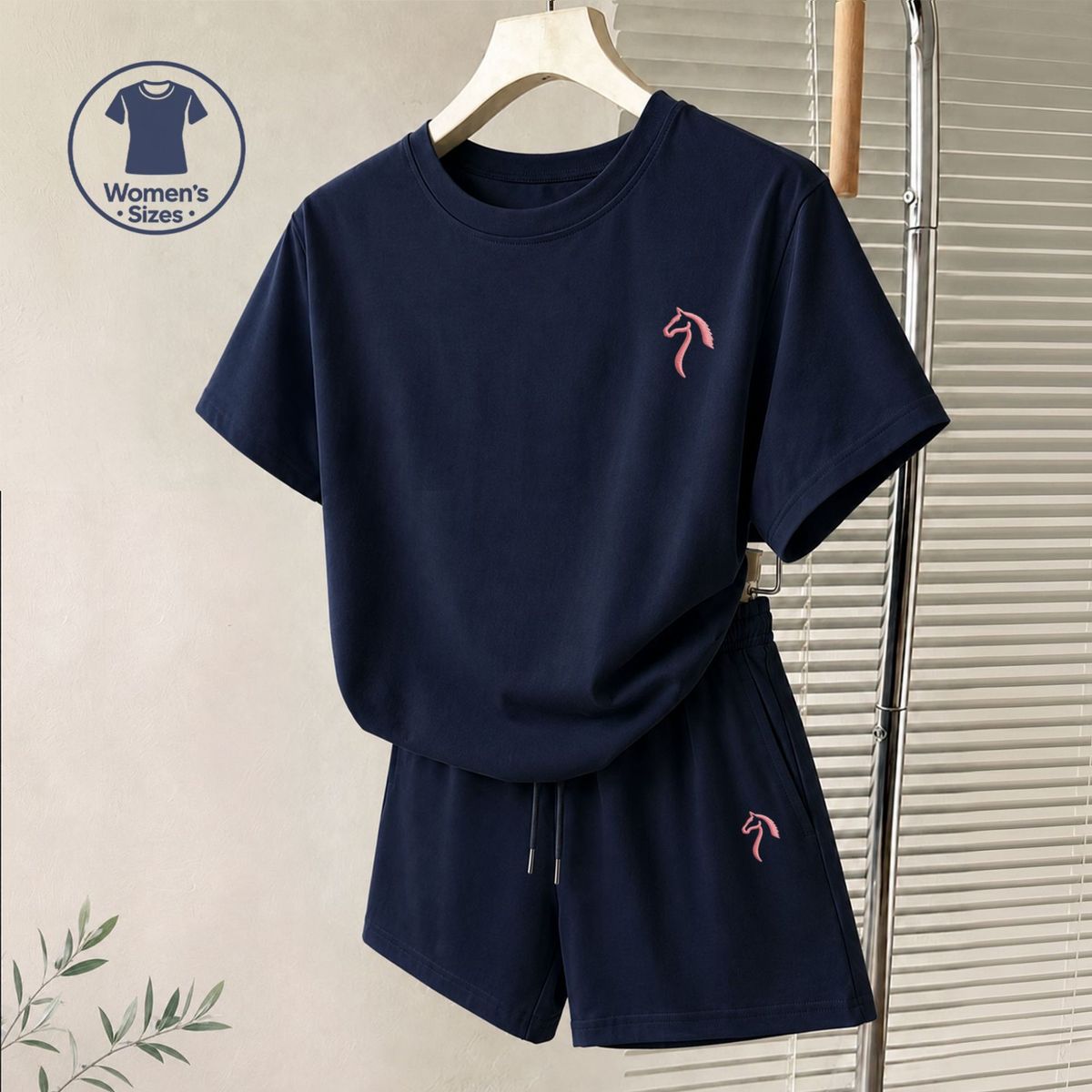 Women's Summer Sports Casual Set Sweet Stylish Loose Fit Short Sleeved Top with Pony Head Embroidered Design_ecoleips.com