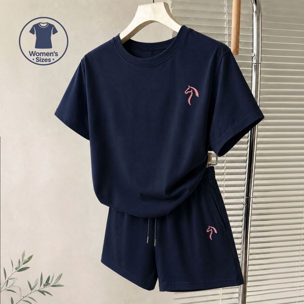 Women's Summer Sports Casual Set Sweet Stylish Loose Fit Short Sleeved Top with Pony Head Embroidered Design_ecoleips.com