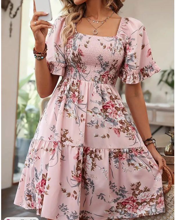 2026 European And American Floral Print Square-neck Ruched Short-sleeve Dress In Stock_ecoleips.com