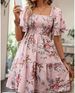 2025 European And American Floral Print Square-neck Ruched Short-sleeve Dress In Stock_ecoleips.com