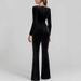 Women's Clothing Diamond Velvet Square Collar Long Sleeve High Waist Slim Flared Jumpsuit_ecoleips.com