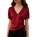 Women's Clothing Women's Satin Slimming Top V Neck Drawstring Waist Spring Summer For Formal & Casual For Women_ecoleips.com