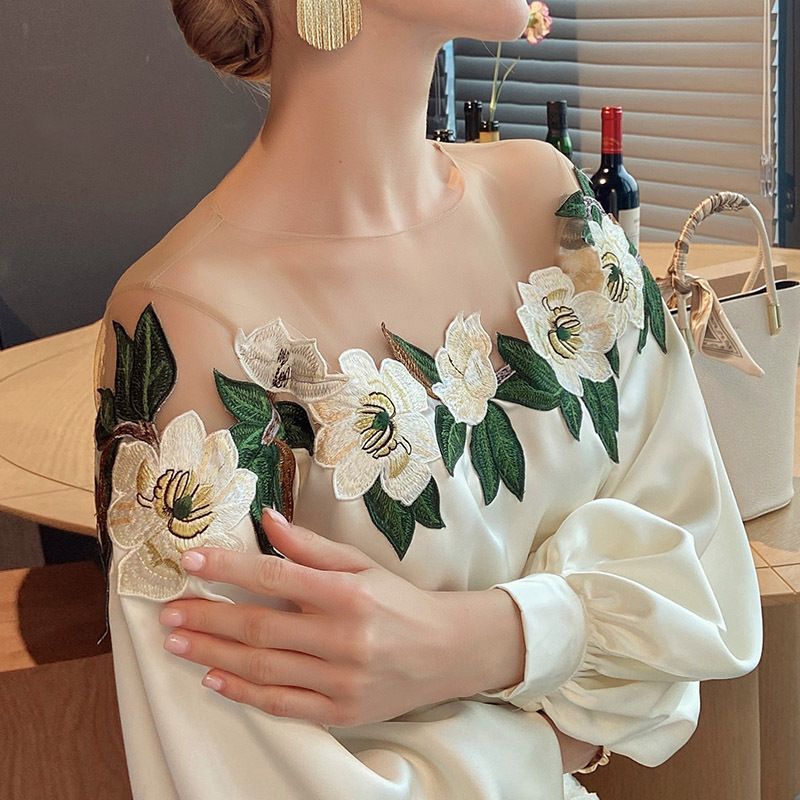 Women's Clothing Design Sense Mesh Splicing Shirt Spring New Heavy Embroidery Flower Shirt Unique And Beautiful Shirt_ecoleips.com