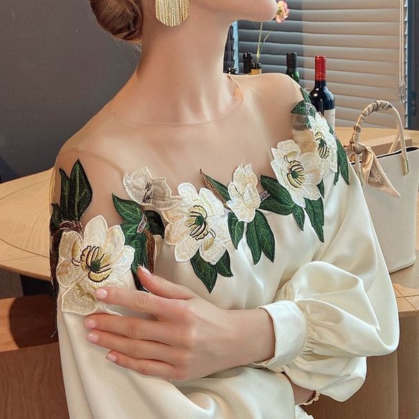Women's Clothing Design Sense Mesh Splicing Shirt Spring New Heavy Embroidery Flower Shirt Unique And Beautiful Shirt_ecoleips.com