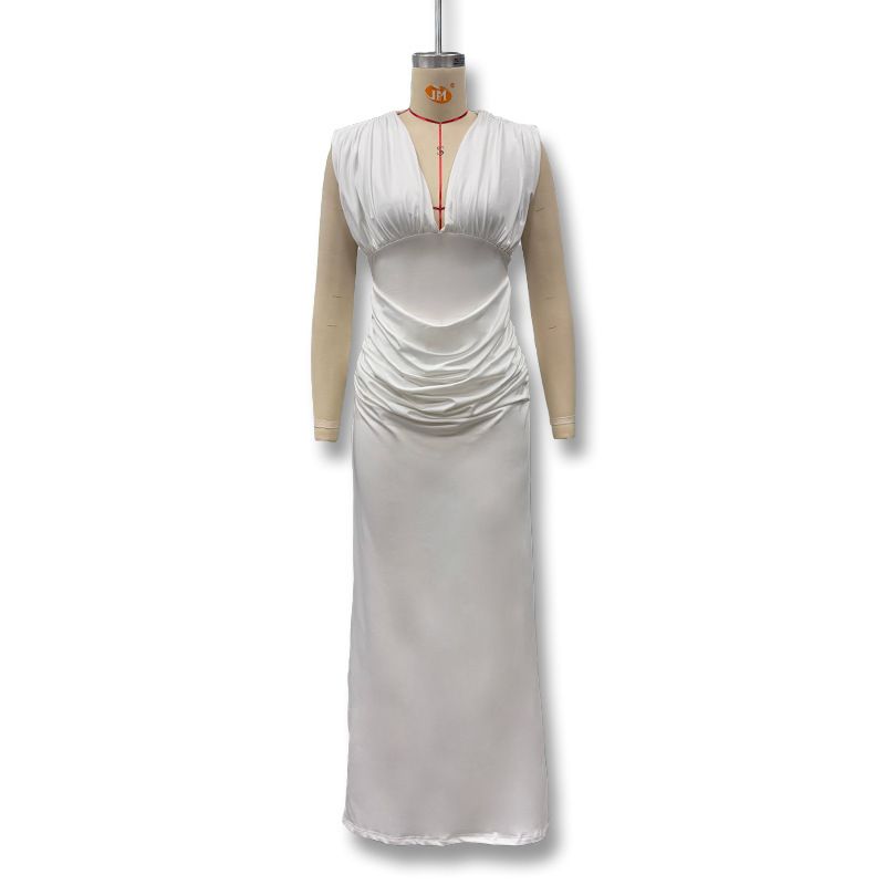 Women's Sexy Deep V Neck Sleeveless Dress American Style Slim Fit Pleated Waist Bodycon Hot Girl New Export_ecoleips.com