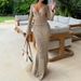 Fashion Hollow Out Solid Slim Party Dresses Elegant Deep V-neck Long Sleeve Knitted Dress Casual Long Sleeve Women's Long Dress_ecoleips.com