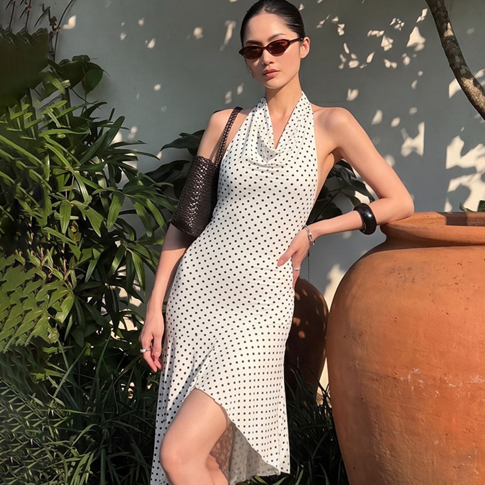 Talenza White Polka Dot Dresses Women's Summer Sexy Sleeveless Backless Ruffle Dress Fashion Print Elegant Women's Casual Dress_ecoleips.com