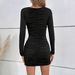 Women Sexy Fashion V Neck Smocked Long Sleeve Bodycon Pencil Dress Slim Fitted Solid Party Evening Cocktail Dress_ecoleips.com