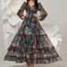 European American Cross-border Women's Spring And Autumn Slim-fit Dress, Romantic Floral Long-sleeve Deep V-neck Printed_ecoleips.com