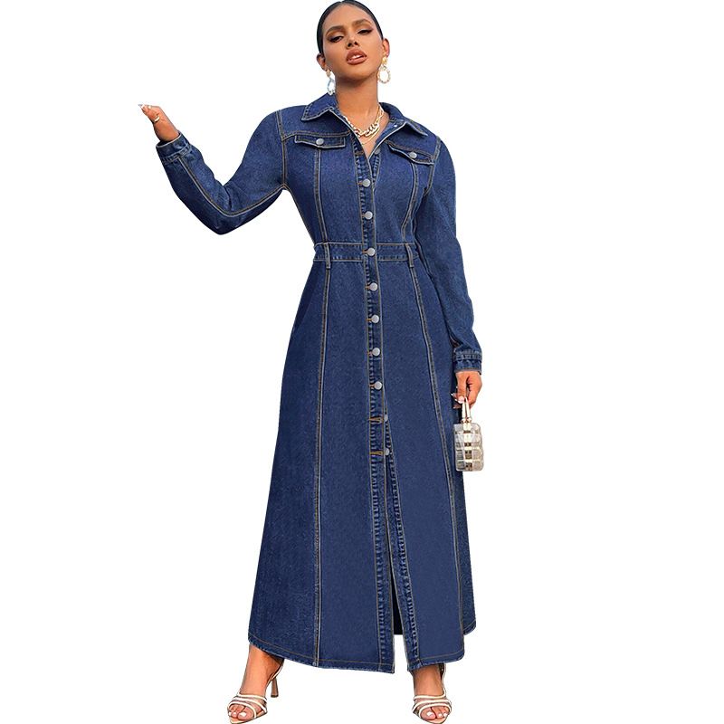 Plus Size Women's Denim Shirt Dress Long Sleeve Midi Button Down Tunic, Elegant Casual Office Dress For Curvy Figures_ecoleips.com