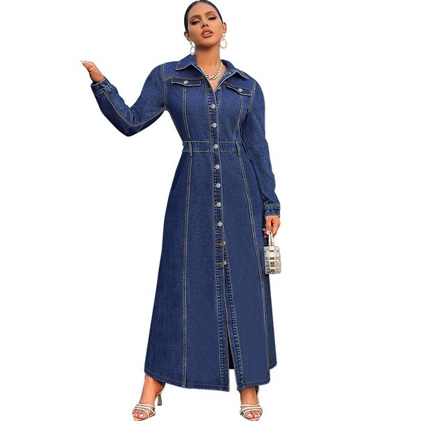 Plus Size Women's Denim Shirt Dress Long Sleeve Midi Button Down Tunic, Elegant Casual Office Dress For Curvy Figures_ecoleips.com