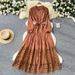 Vintage Lace Dress A-Line Knee-Length Bow Tie Waist Long Sleeves Polyester Blend Women's Clothing/Dress One Size 9 Colors_ecoleips.com