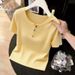 Spring/Summer Women's Knitted Short Sleeve T-Shirt V Neck Straight Shoulder Yellow Slimming Top For Youthful Stylish Look_ecoleips.com