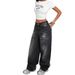 Cross-border Vintage Washed Black Wide-leg Jeans For Women, Autumn Design With Whiskering Effect, Drapey, Floor-length_ecoleips.com