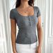 2026 Spring/Summer European American Slim-Fit Women's Top Y2K Solid Color Versatile Button V-Neck Short-Sleeve T-Shirt_ecoleips.com