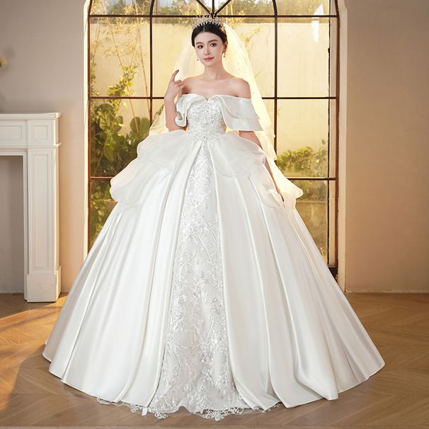 Off The Shoulder Satin Wedding Dress French Heavy Duty Court Style Covers Arms Plus Size_ecoleips.com