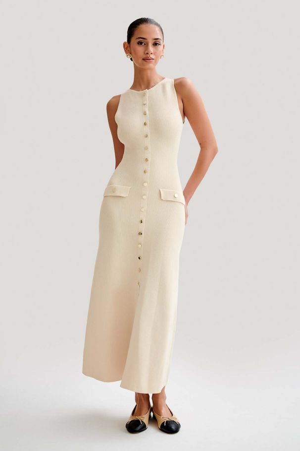 Summer New Knitted European And American Women's Round Neck Sleeveless Button Fashion Sexy Slim Long Dress_ecoleips.com