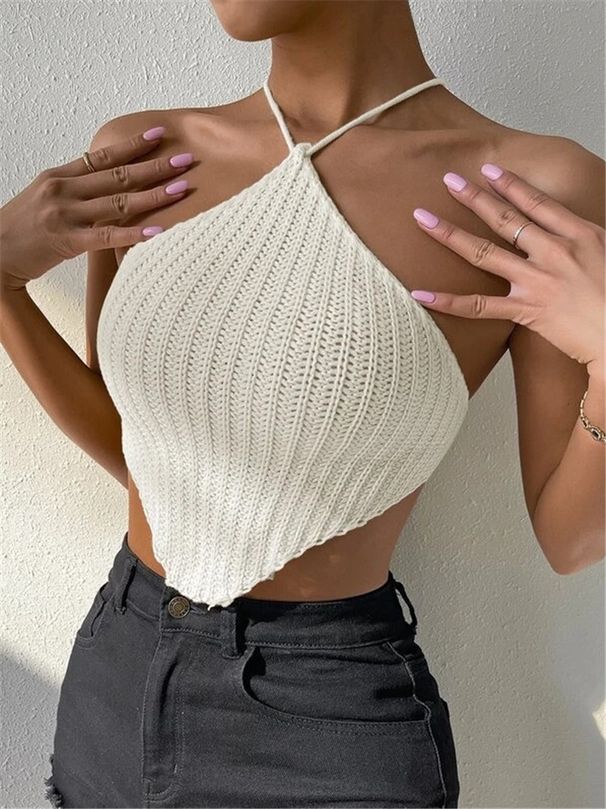 Women's Clothing Lace Up Halter Neck Knitted Vest Design Sweater Wrap Chest Top_ecoleips.com