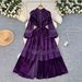 Women's Palace Style Dress French Retro Fashion Stand Collar Pearl Single-Breasted Lace Splicing Velvet Long Skirt_ecoleips.com