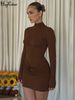 Hugcitar Elegant Turtleneck Long Sleeve Solid Ruched Zipper Sexy Bodycon Mini Dress Autumn Winter Women Party Clothes Festival_ecoleips.com