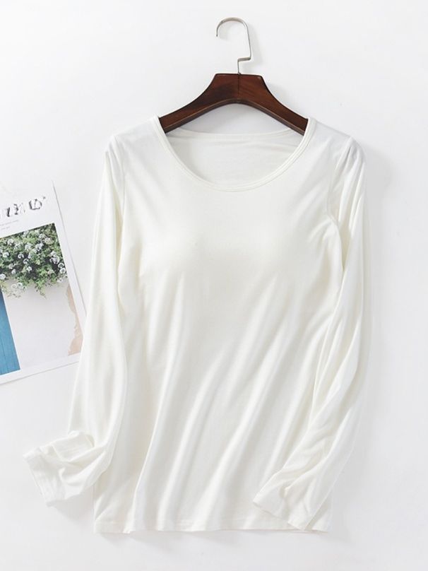 K Long Sleeved Underwear With Chest Cushion, Base Top, Women's Cup One-piece, No Steel Ring T-shirt, Slim Fit_ecoleips.com