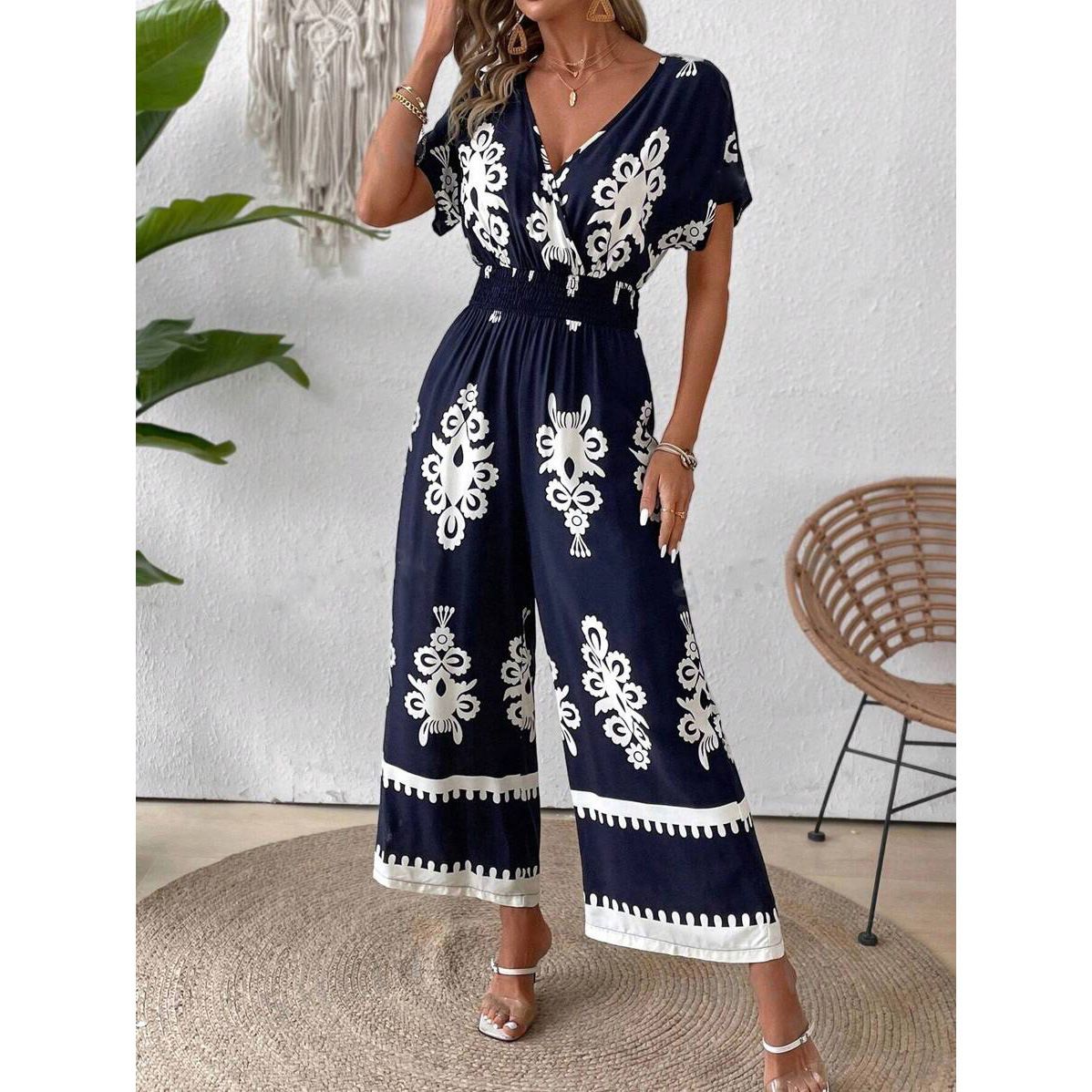 Women's V-neck bat sleeve waist jumpsuit_ecoleips.com