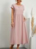 Women's Clothing Style Solid Color Cotton Linen Dress Round Neck Short Sleeved Loose Fit Pockets Ruched Details_ecoleips.com