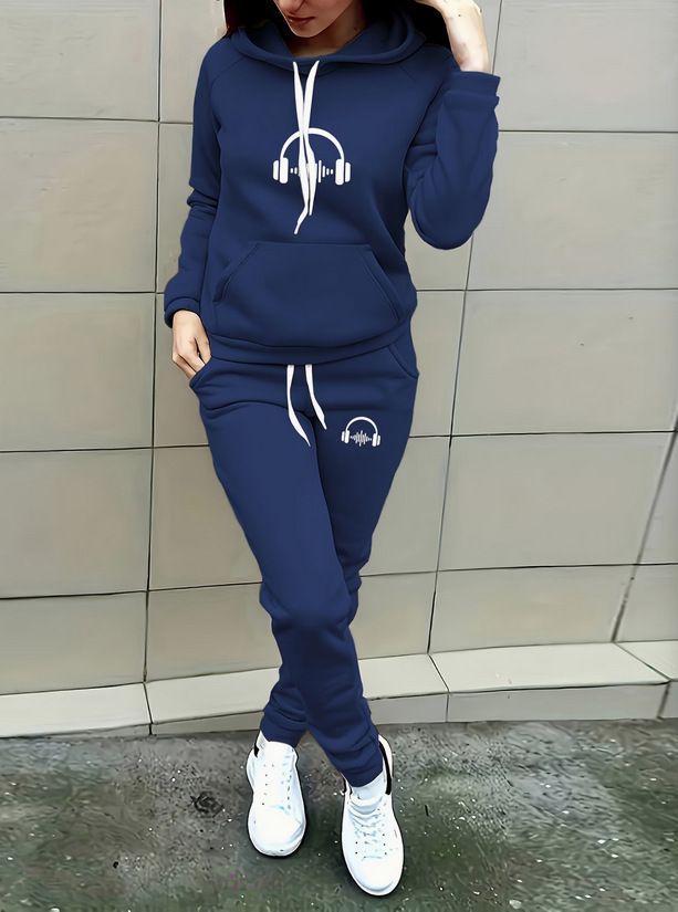 Women's Fleece Lined Thickened Sweatshirt Pants Set Headset Wave Print European American Cross Border Style_ecoleips.com