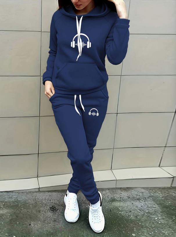 Women's Fleece Lined Thickened Sweatshirt Pants Set Headset Wave Print European American Cross Border Style_ecoleips.com