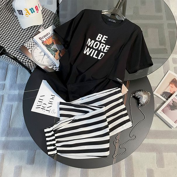 Women's Clothing Irregular Slit Large Edition T Shirt Fashion Casual Striped Wide Leg Pants Sports Suit_ecoleips.com