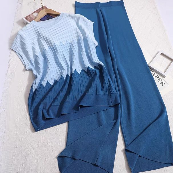 Women's Clothing Gradient Mesh Loose Round Neck Sleeveless Sweater High Waist Solid Color Wide Leg Trousers Fashion Suit For Women_ecoleips.com