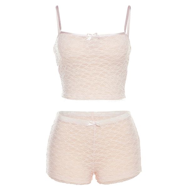 European And American Style 2024 Spring New Women's Fashion Lace See-through Camisole Slim-fit High-waisted Shorts Set_ecoleips.com