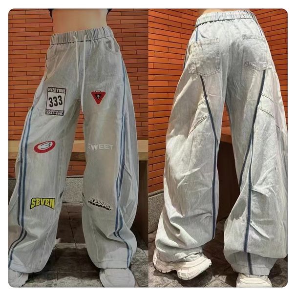 Women's Clothing Spring New Heavy Duty Letter Embroidery Color Stripes Loose Hem Drawstring Casual Trousers_ecoleips.com