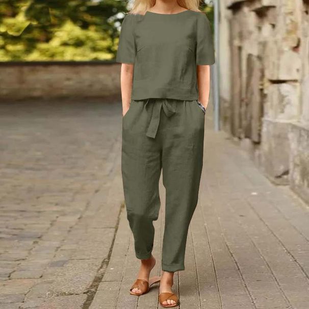 Women's Clothing Cotton And Linen Summer Matching Suits Half Sleeved O Neck Oversized Blouse E Wide Leg Pants Retro Suit_ecoleips.com