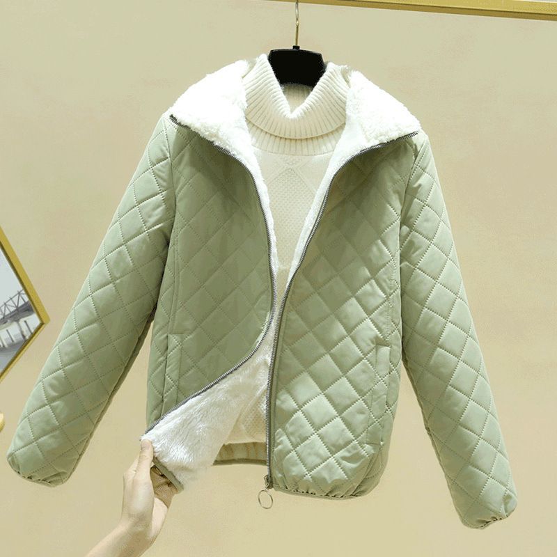 "Quilted Sherpa-Lined Jacket – Oversized Puffer Coat With Stand Collar For Women (Green/Blue/Pink, M-3XL)"_ecoleips.com