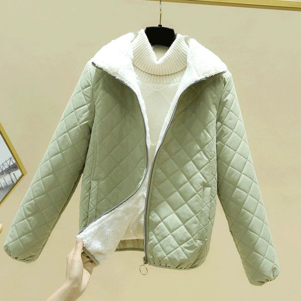 "Quilted Sherpa-Lined Jacket – Oversized Puffer Coat With Stand Collar For Women (Green/Blue/Pink, M-3XL)"_ecoleips.com