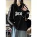 Retro Striped Polo Collar Long-sleeve Sweatshirt Women, New Autumn Style, High-end Letter Print Loose Top For Middle And_ecoleips.com
