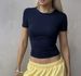 Women's Solid Color Fitted Short Sleeve T-Shirt Stretch Cotton Slim Fit Cropped Top for Casual Layering_ecoleips.com