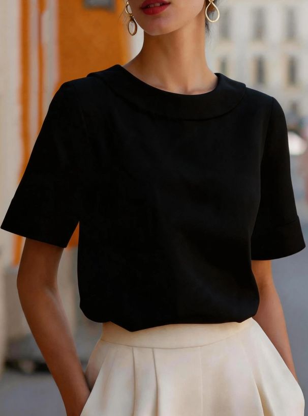 Elegant Peter Pan Collar Blouse For Women, Flattering Slim-Fit Design Casual Top, Versatile Short Sleeve Shirt In Pink, Black, White, Navy_ecoleips.com