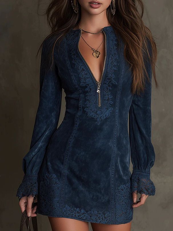 2025 European And American Women's Clothing Independent Site Zipper Lace Patchwork V-Neck Long Sleeve Loose_ecoleips.com