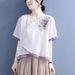 Cotton And Linen Button-Up Embroidered Slanted Shirt For Women With Five-Quarter Sleeves 2026 Summer Ethnic Style Asymme_ecoleips.com